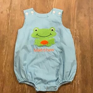 Light Blue Frog Appliqué Baby Bubble Romper with Matthew personalized in orange
